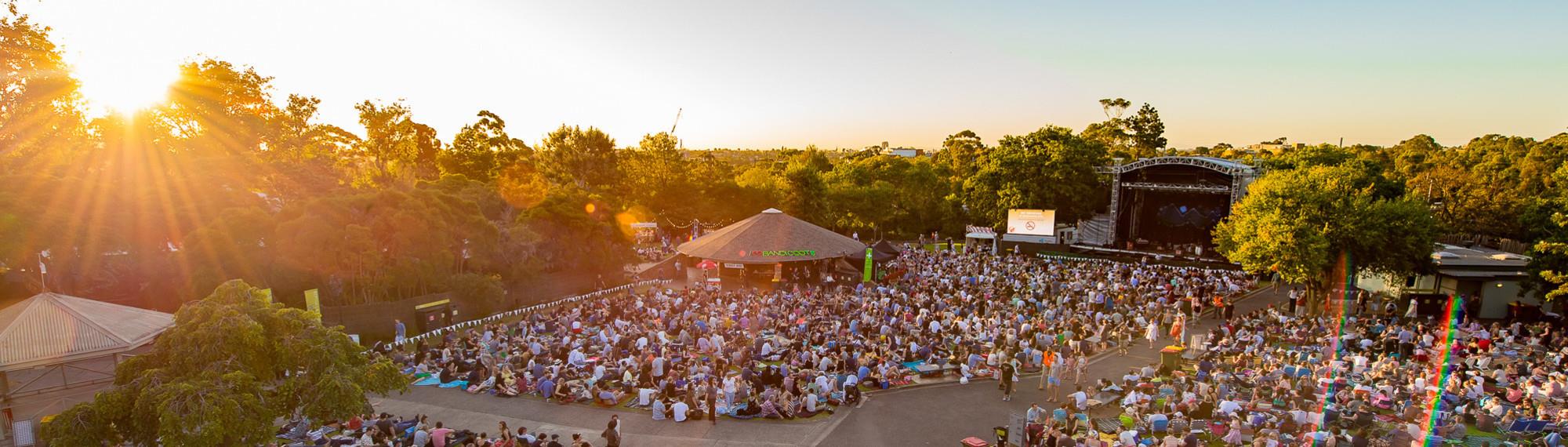 Zoo Twilights stage and crowd at concert at sunset