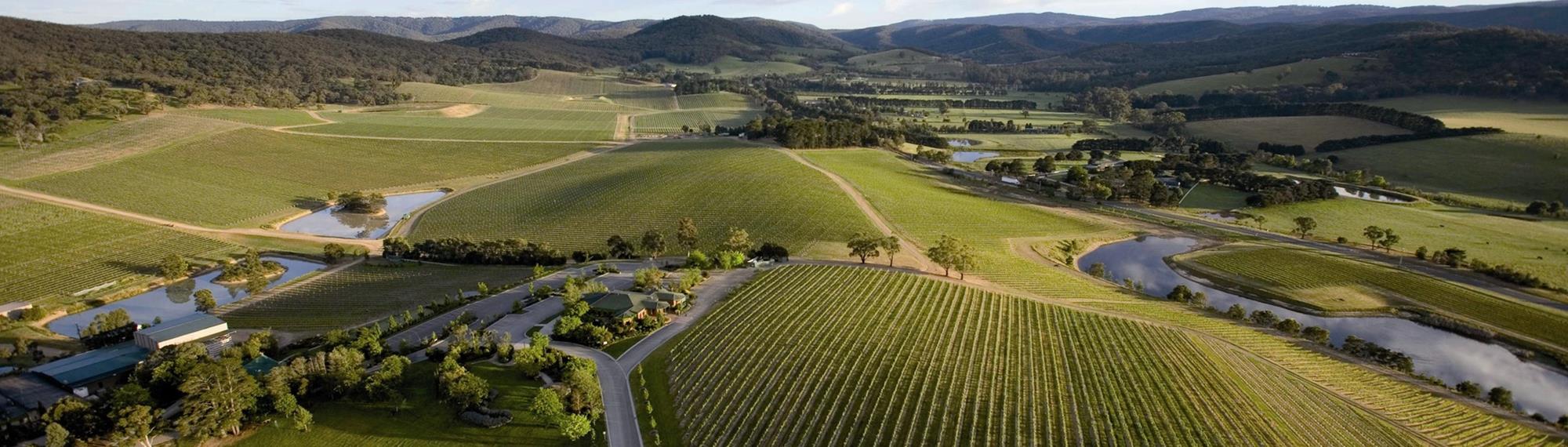 Aerial view of the Yarra Valley Victoria. Looking out toward farms with green paddocks, small lakes with dark green treed mountains in the horizon. 