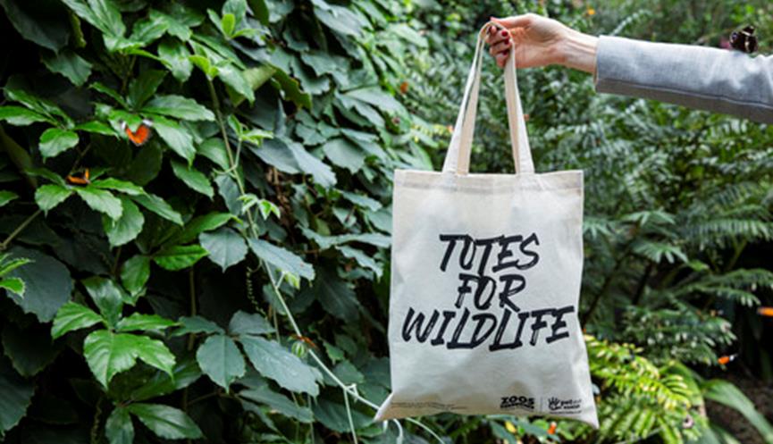 A Totes For Wildlife bag, being held up by a right arm, in front of trees inside the Butterfly House.