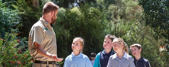 A Keeper (left) guiding four student guests (right) through Healesville Sanctuary.