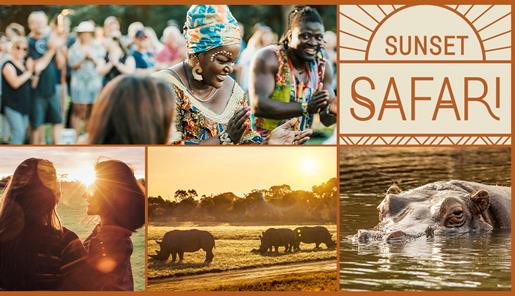Sunset Safari with images of African performers, hippo, rhino and people enjoying sunset view