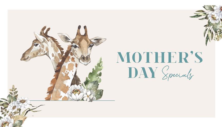 Illustration of two giraffes and flowers and a text of Mother's Day specials.