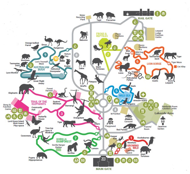 Map of Melbourne Zoo with different colours to show different trails.