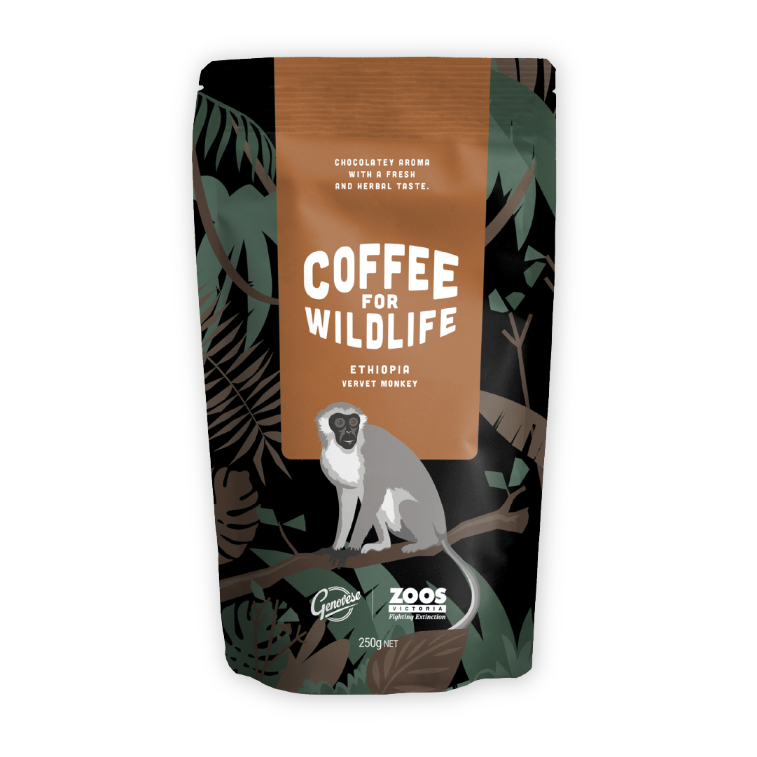 A bag of coffee with an image of a Vervet Monkey