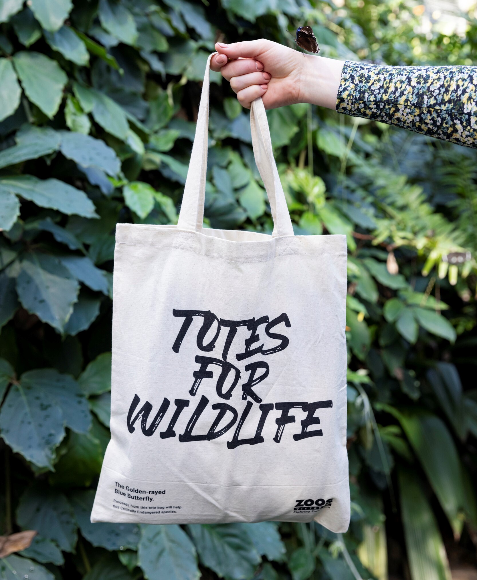 A hand holding a calico tote bag that says "Tote for Wildlife"