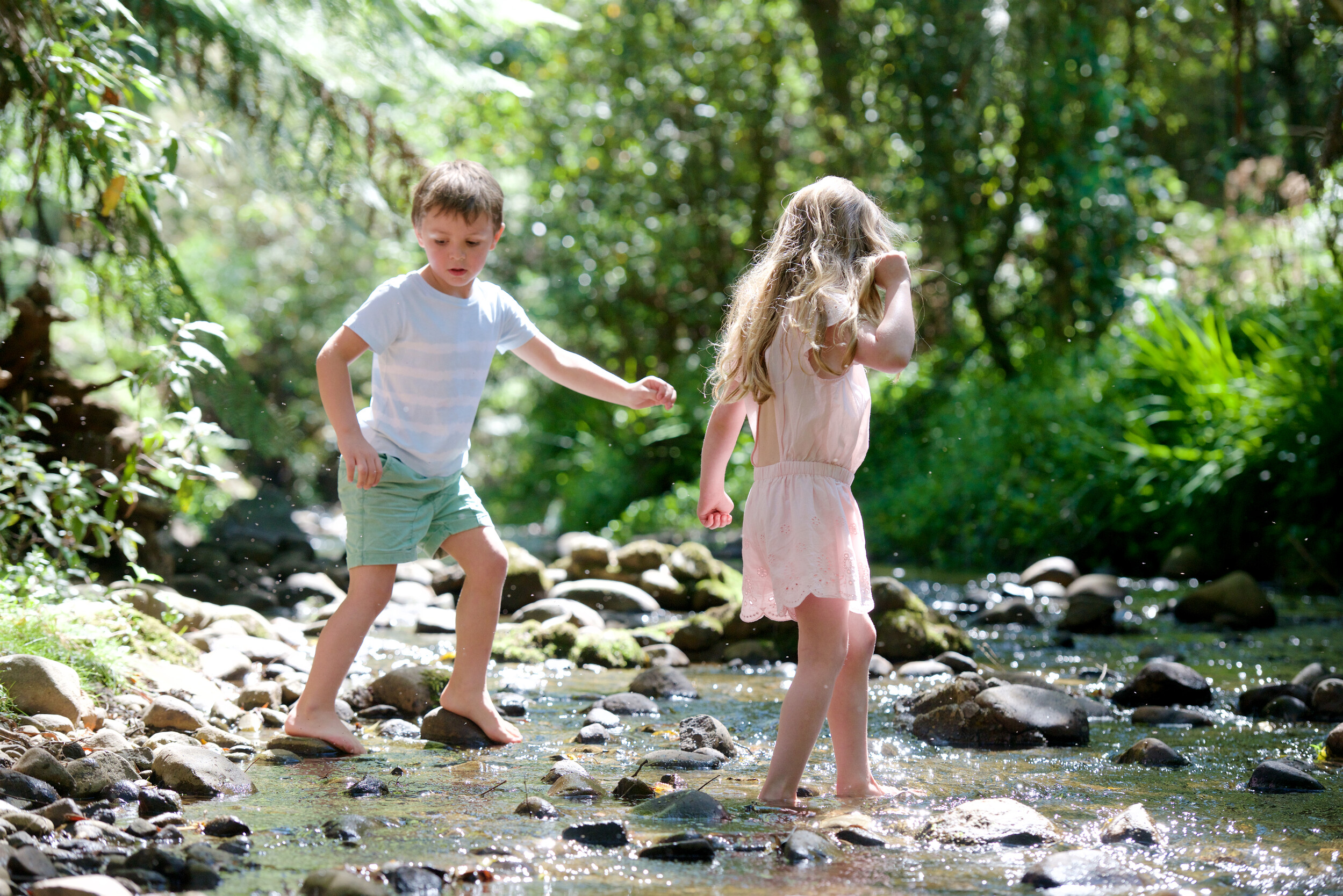 A young boy and a young girl play in a creek on a sunny day.
