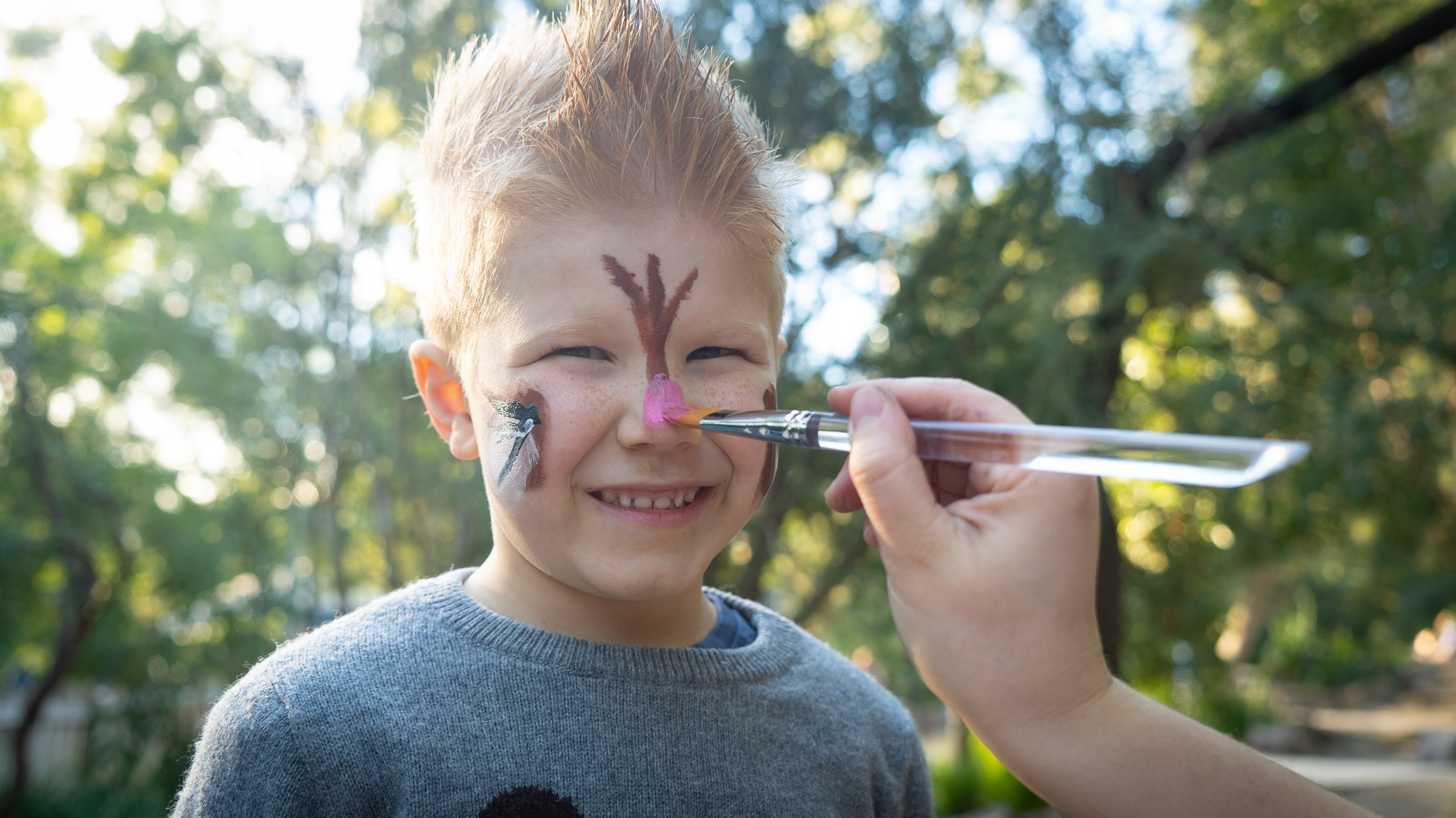 Young boy having his face painted with a big smile on his face,