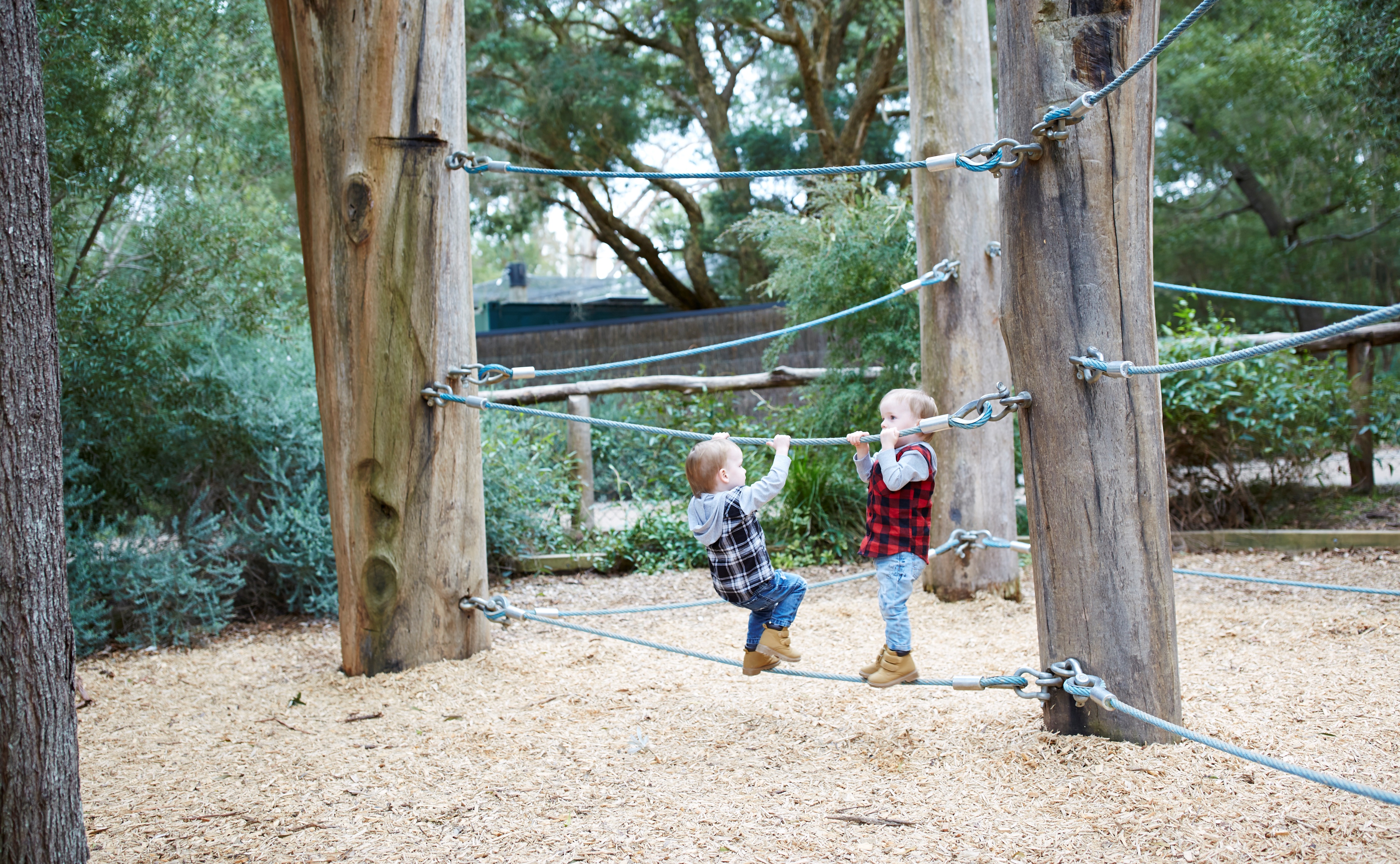 Two boys playing on the rope course at Bunjil Nature Play